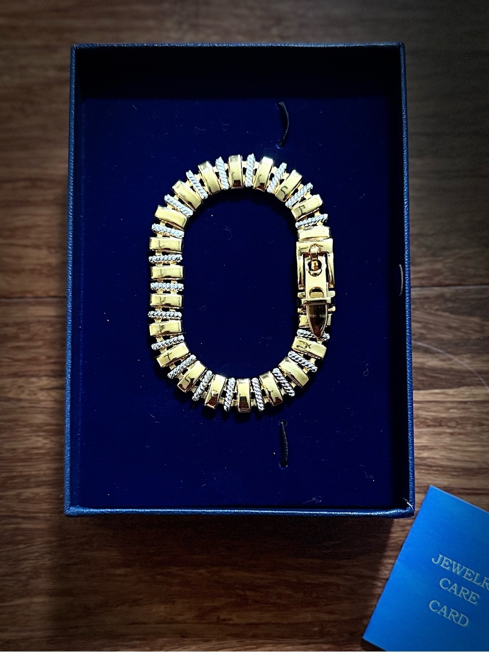 NIB Vintage Art Deco Gold Silver Two-Tone Metal Buckle Roped Bar Link Bracelet